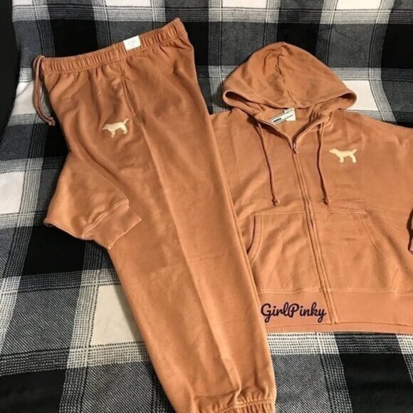 vs PINK sweatpants OUTFIT IN TOFFEE W/FULL ZIP HOODIE & EMBROIDERED DOG LARGE - Picture 2 of 10